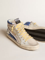 Slide in pearl canvas and blue suede with white leather star and flash