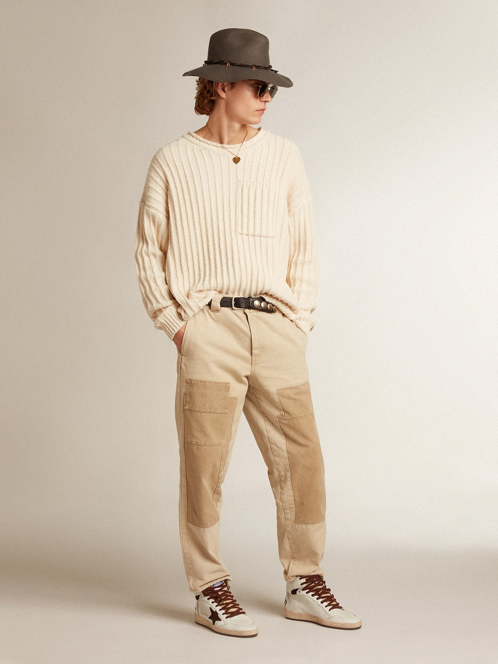 Men’s Sky-Star in white nappa leather with a chocolate suede star