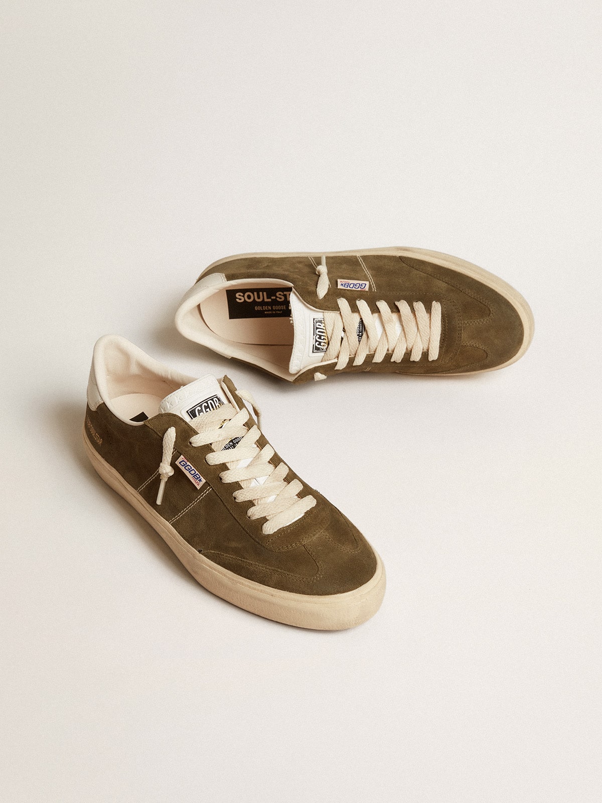 Men's Soul Star in green suede with white leather heel tab and tongue