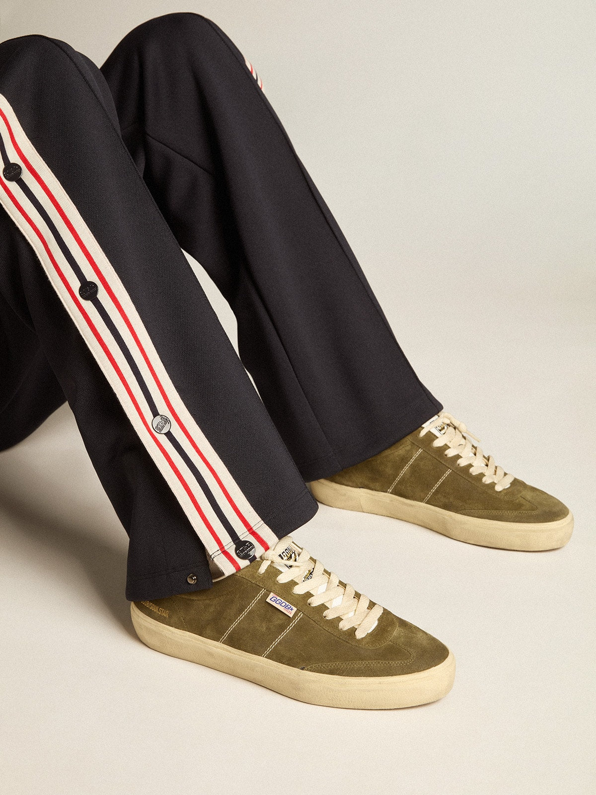 Men's Soul Star in green suede with white leather heel tab and tongue