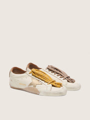 Men's True-Star in white nappa leather with gold foiled leather star and beige suede heel tab