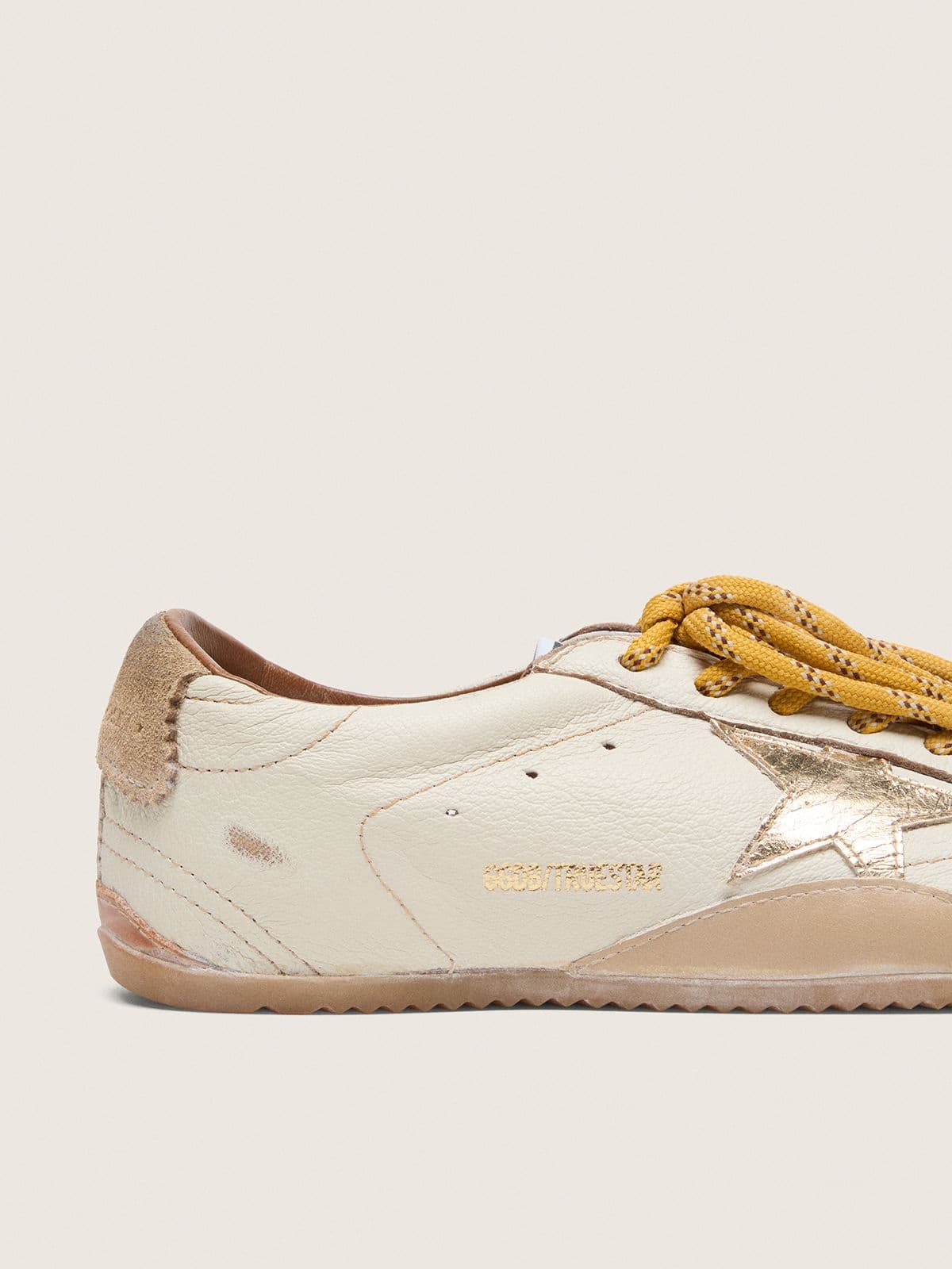 Men's True-Star in white nappa leather with gold foiled leather star and beige suede heel tab