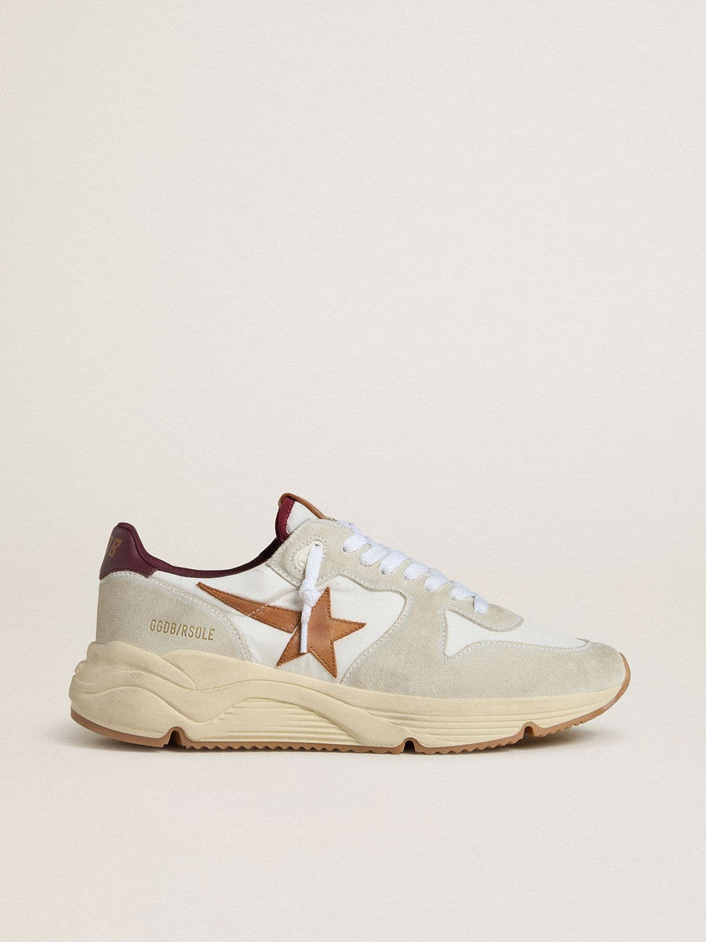 Men's Running Sole in nylon and suede with brown leather star and burgundy leather heel tab