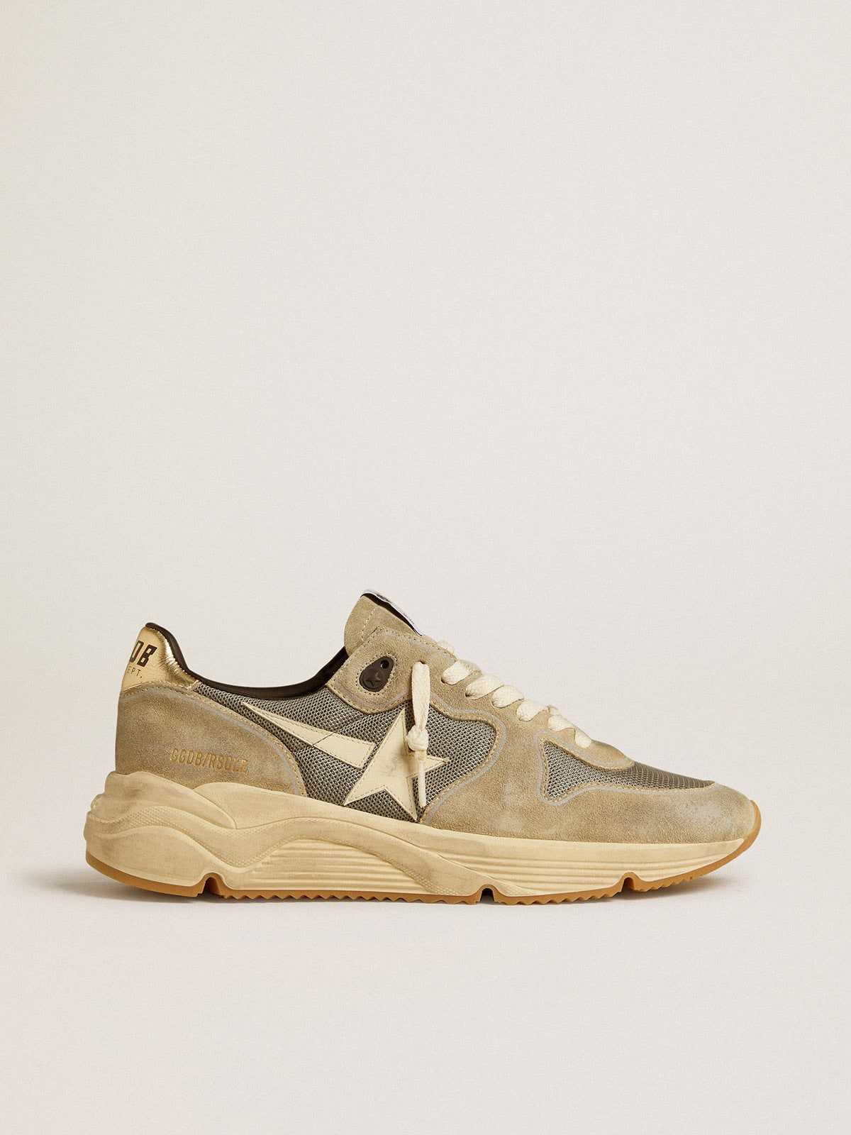 Running Sole in gray suede with white star and white heel tab