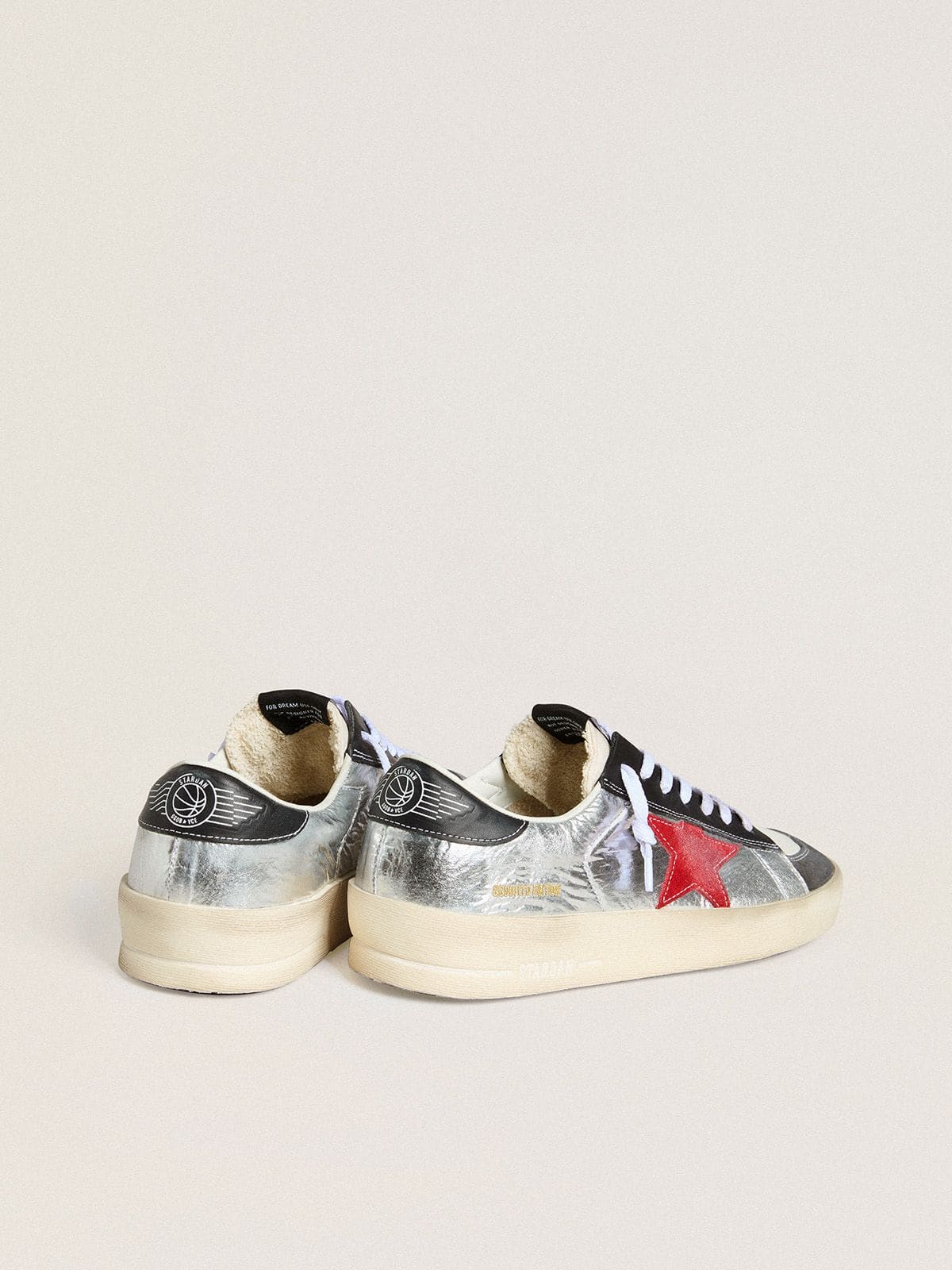 Men’s Stardan in laminated silver nylon with burgundy suede star