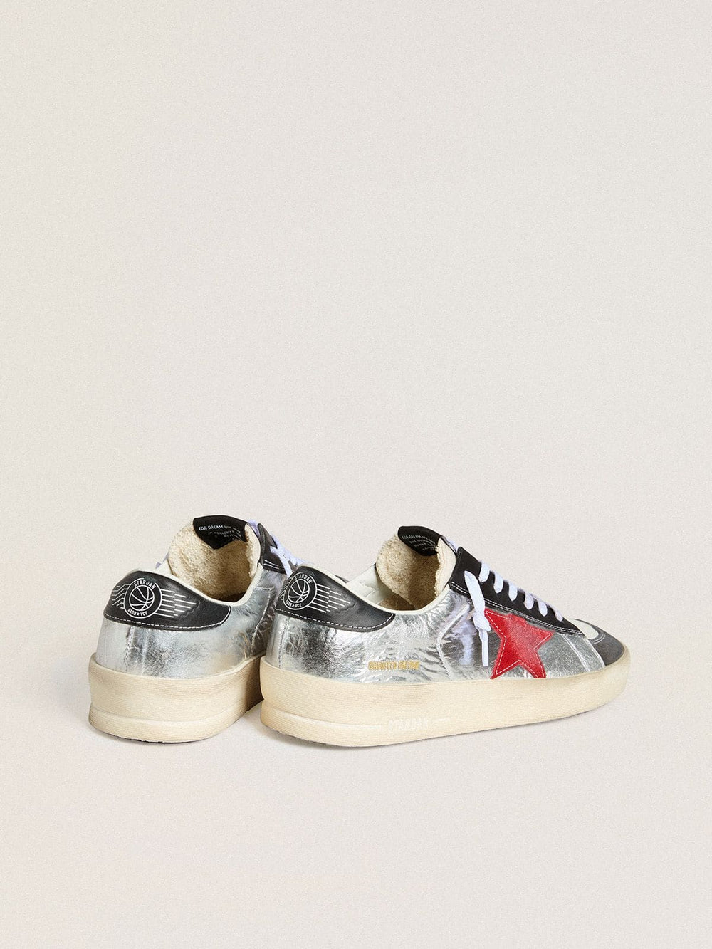 Men’s Stardan in laminated silver nylon with burgundy suede star