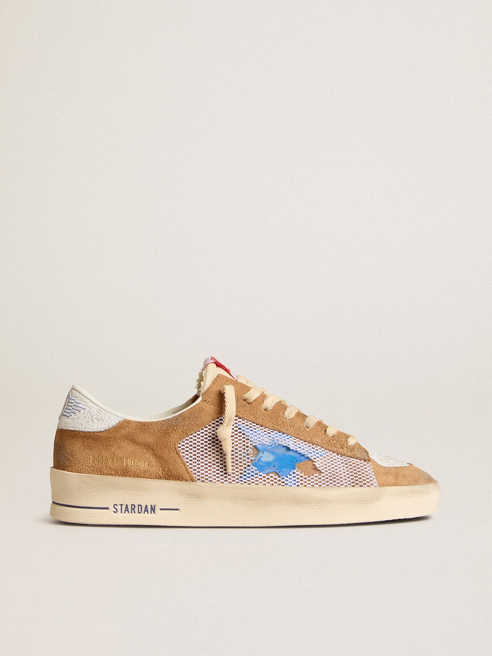 Men's Stardan LTD in tobacco suede and mesh with blue star and leather heel tab