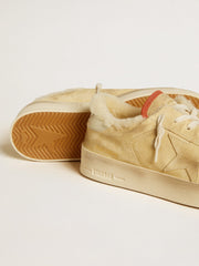 Stardan in beige suede with leather heel tab and shearling lining