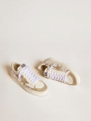 Stardan in leather with all-over lettering and ice-gray suede star