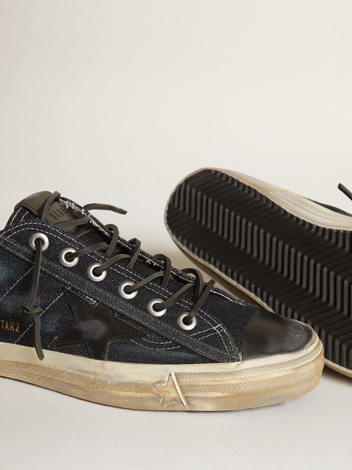 V-Star sneakers in midnight-blue denim with black leather star and toe