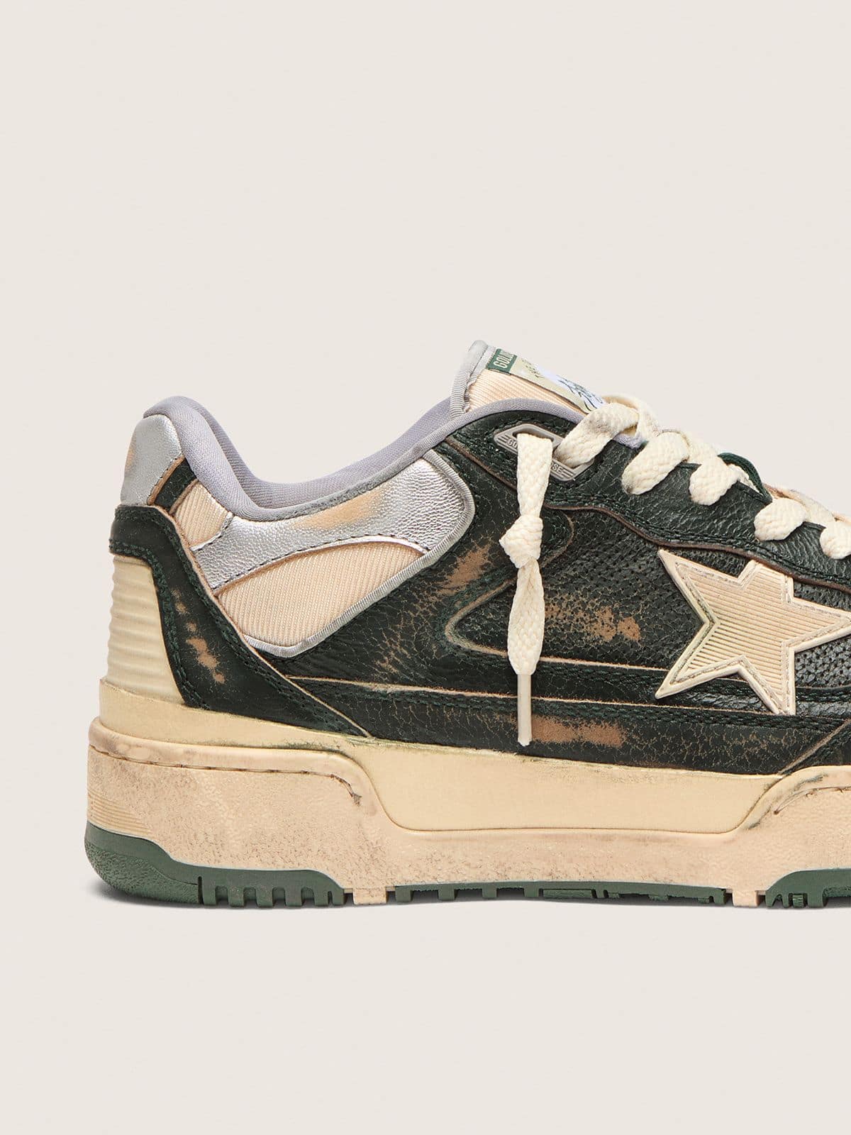 Men's Forty2 in green leather and cream nylon with TPU star and silver leather heel tab