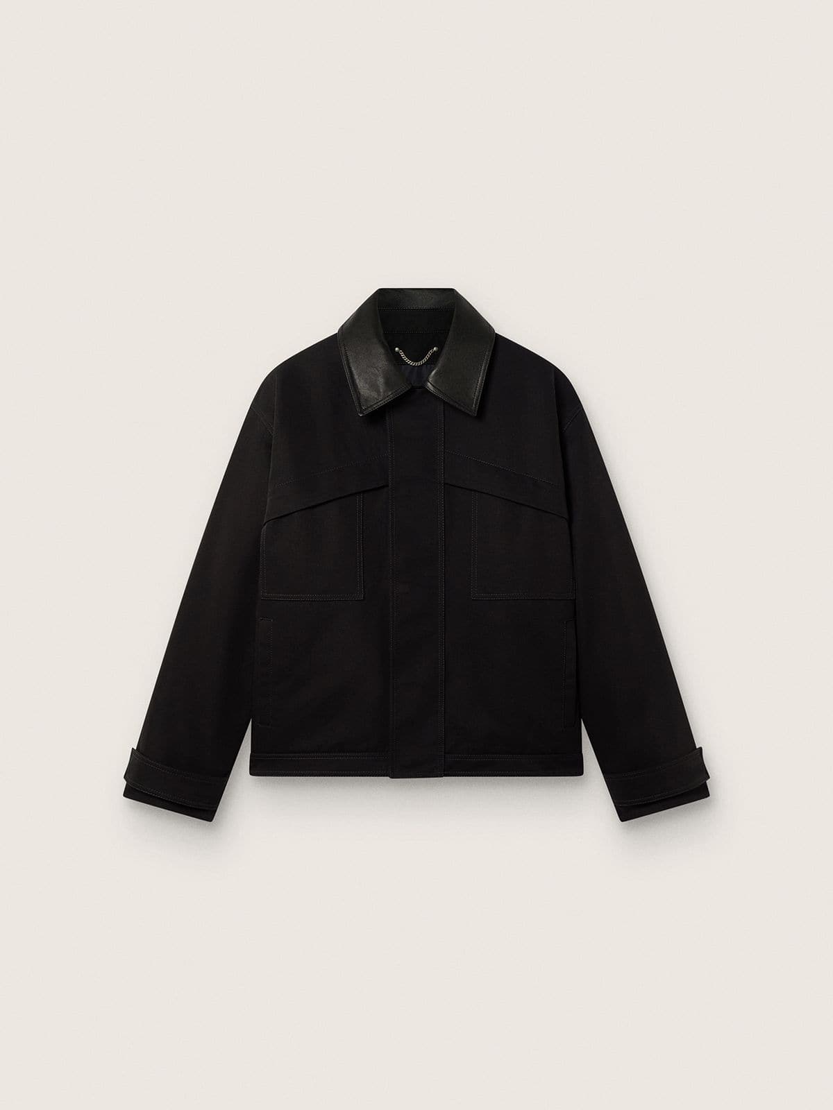 Men's short padded jacket in black cotton with leather collar