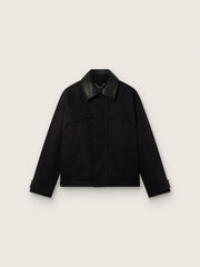 Men's short padded jacket in black cotton with leather collar