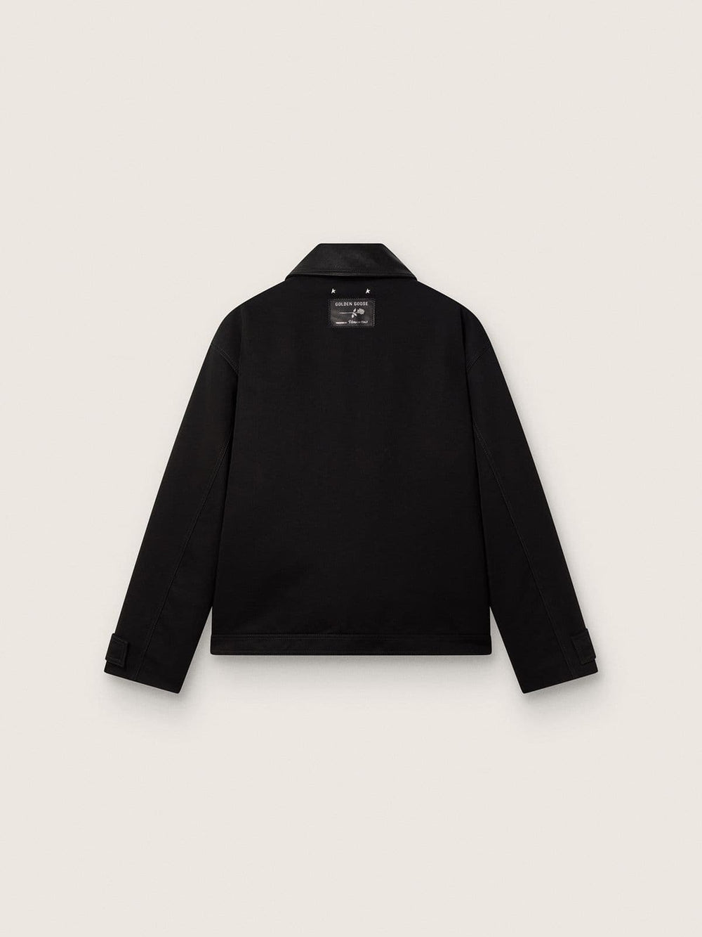 Men's short padded jacket in black cotton with leather collar