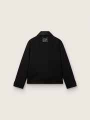 Men's short padded jacket in black cotton with leather collar