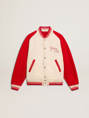 Bomber jacket in worn white and red with embroidery
