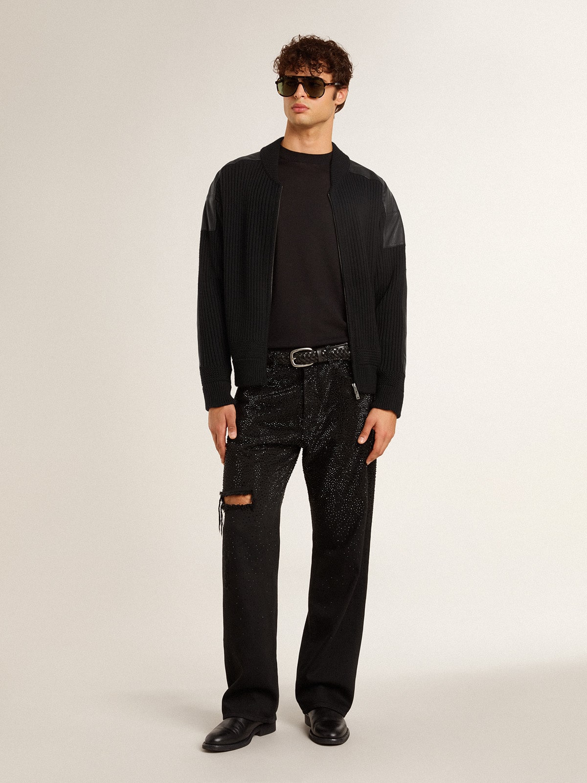 Men's black merino wool jacket with leather patches