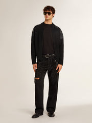 Men's black merino wool jacket with leather patches