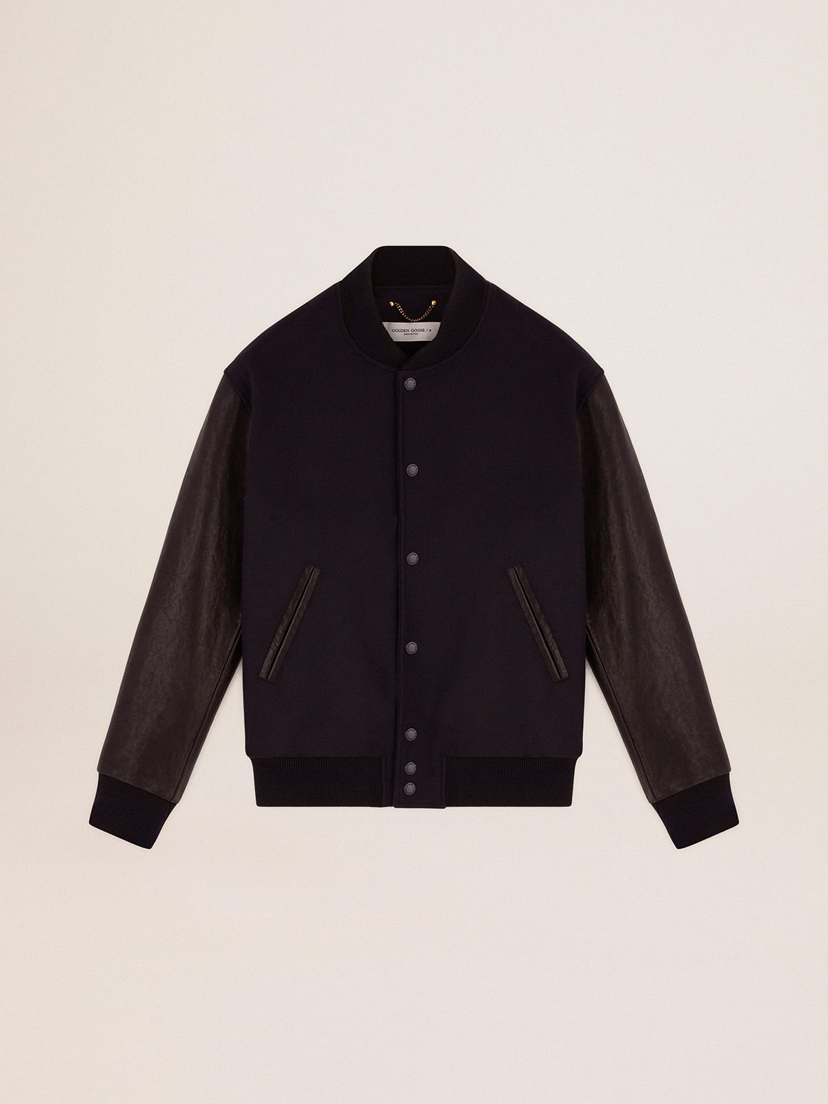 Men’s bomber jacker in blue wool and black leather | Golden Goose