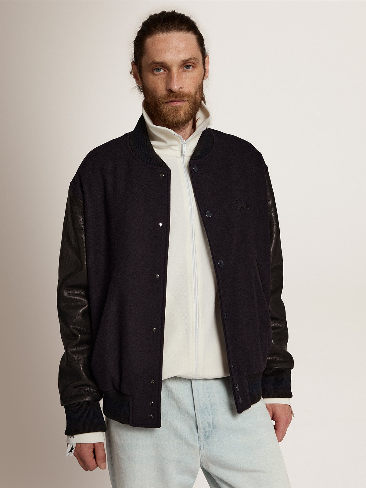 Men’s bomber jacker in blue wool and black leather | Golden Goose