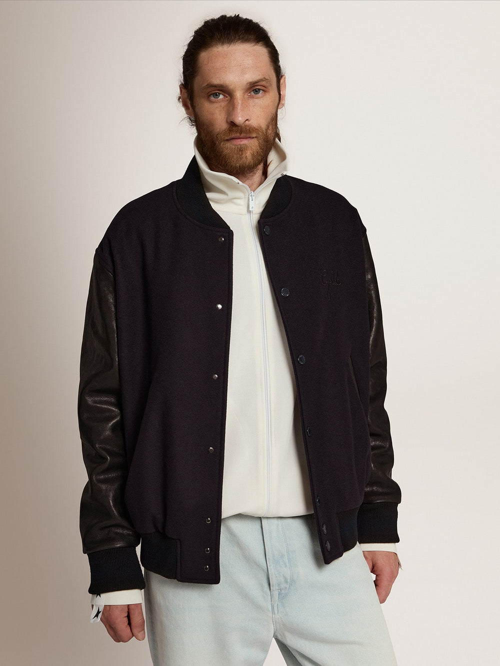Men’s bomber jacker in blue wool and black leather | Golden Goose