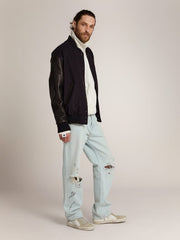 Men’s bomber jacker in blue wool and black leather | Golden Goose