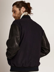 Men’s bomber jacker in blue wool and black leather | Golden Goose