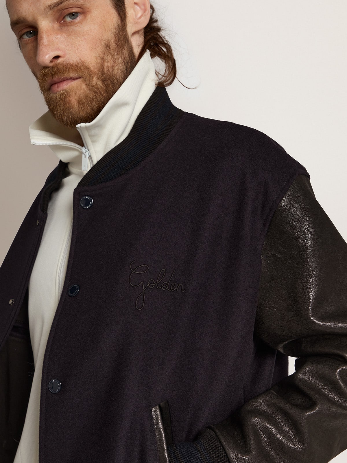 Men’s bomber jacker in blue wool and black leather | Golden Goose