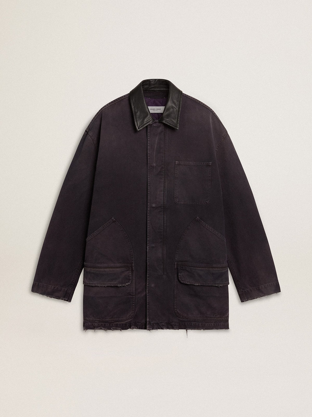 Men's denim jacket with distressed details and leather collar
