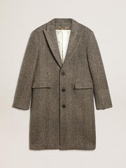 Men's single-breasted wool coat with beige and gray herringbone weave