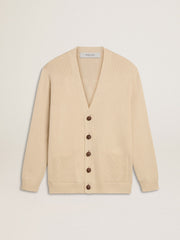 Men’s beige cardigan with 'Golden' lettering on the back