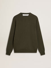 Men's military green crew neck sweater with 'Golden' lettering on the back