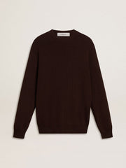 Men's brown crew-neck sweater with 'Golden' lettering on the back