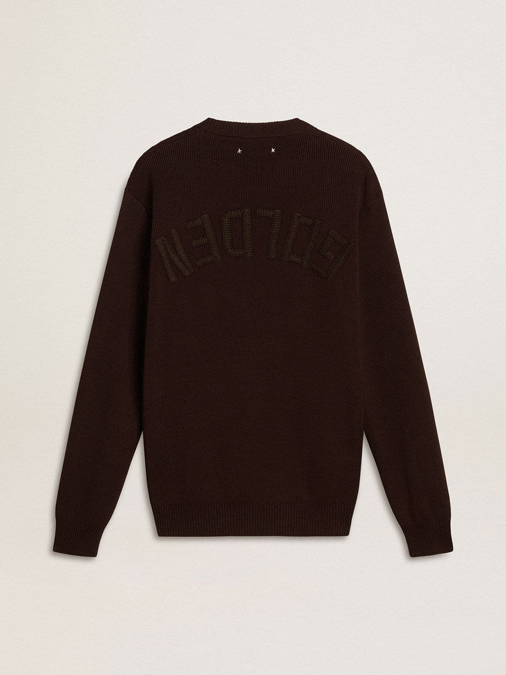 Men's brown crew-neck sweater with 'Golden' lettering on the back