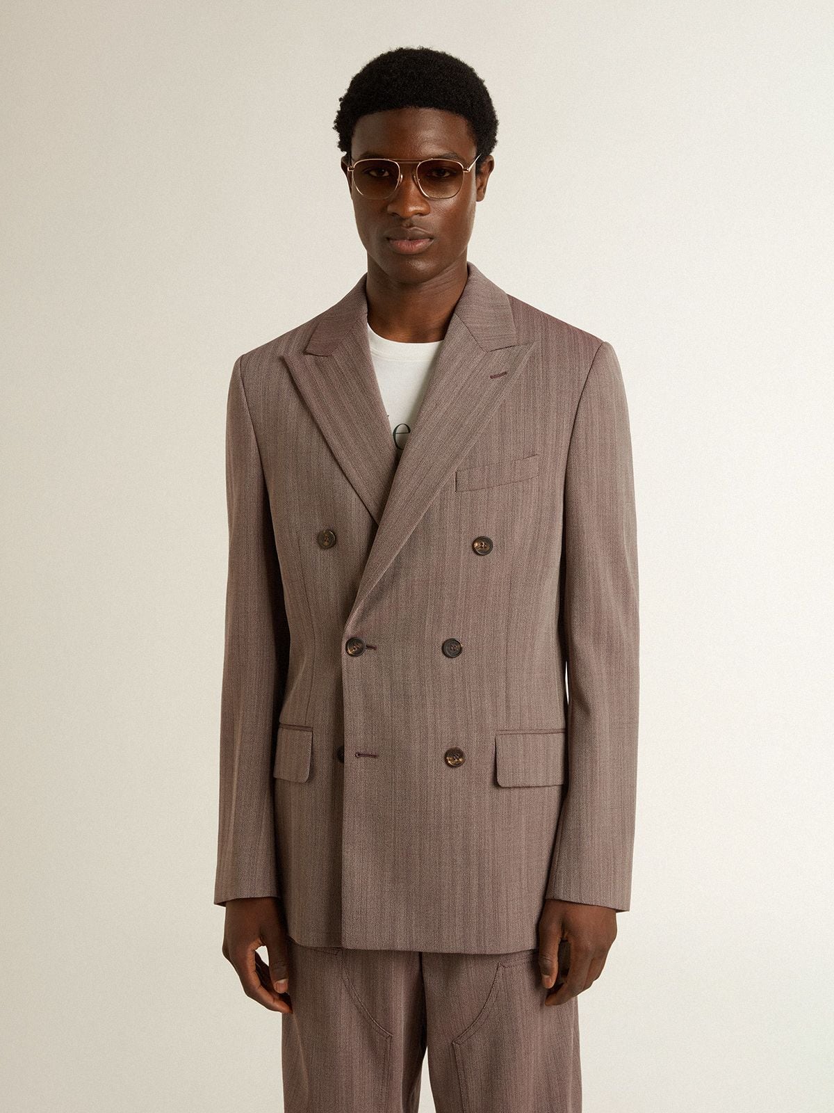 Men's beige chevron wool blend double-breasted blazer