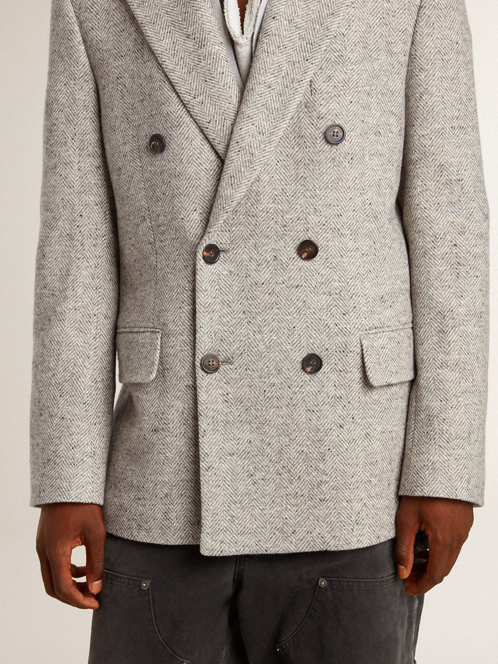 Men's double-breasted jacket in gray silk and chevron wool