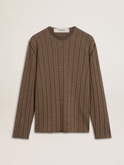 Men's travertine-colored sweater with 'Golden' patch lettering on the back