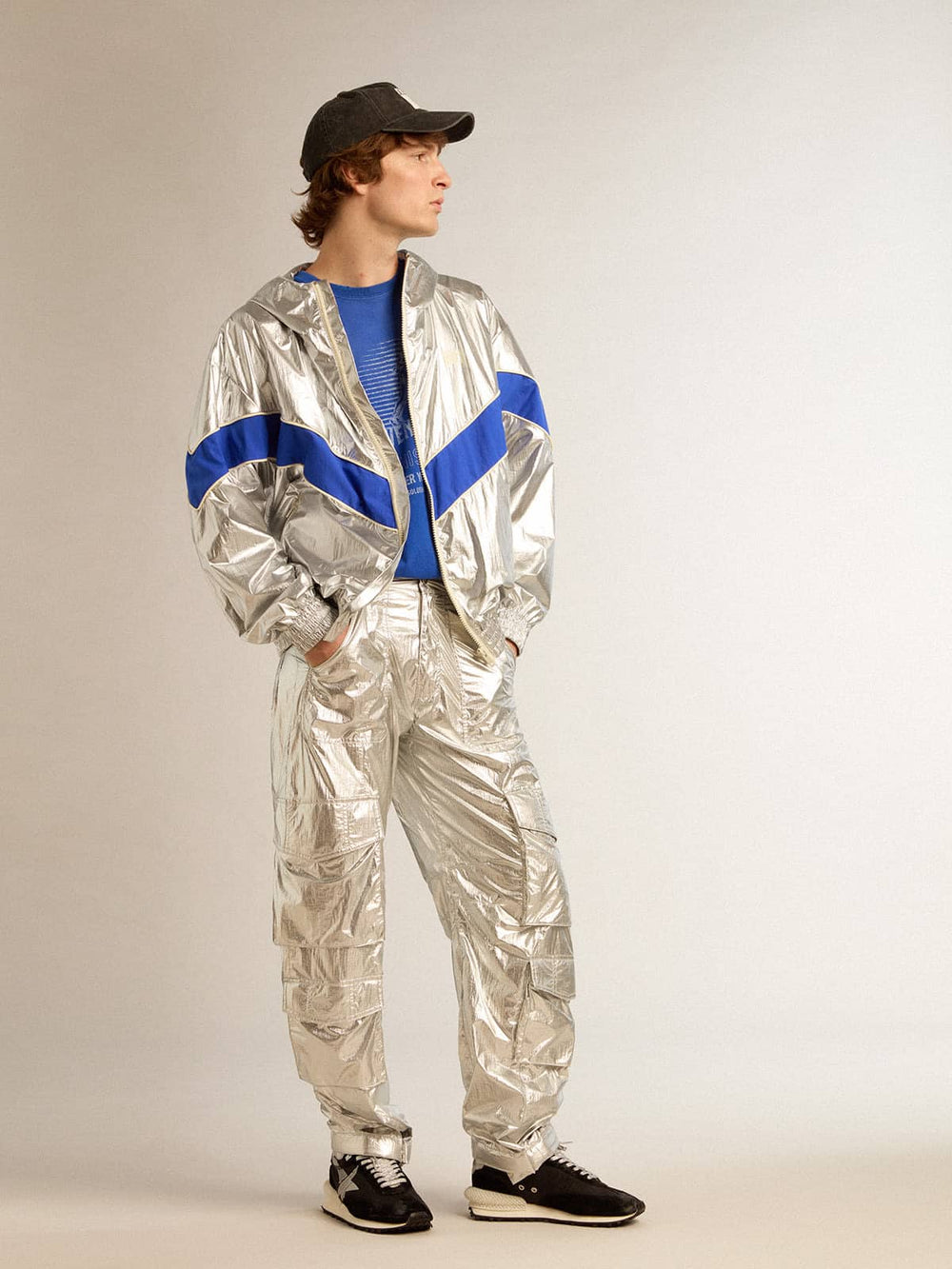 Men's cargo pants in silver technical fabric
