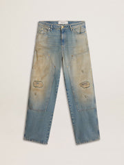 Men's distressed sand-washed jeans