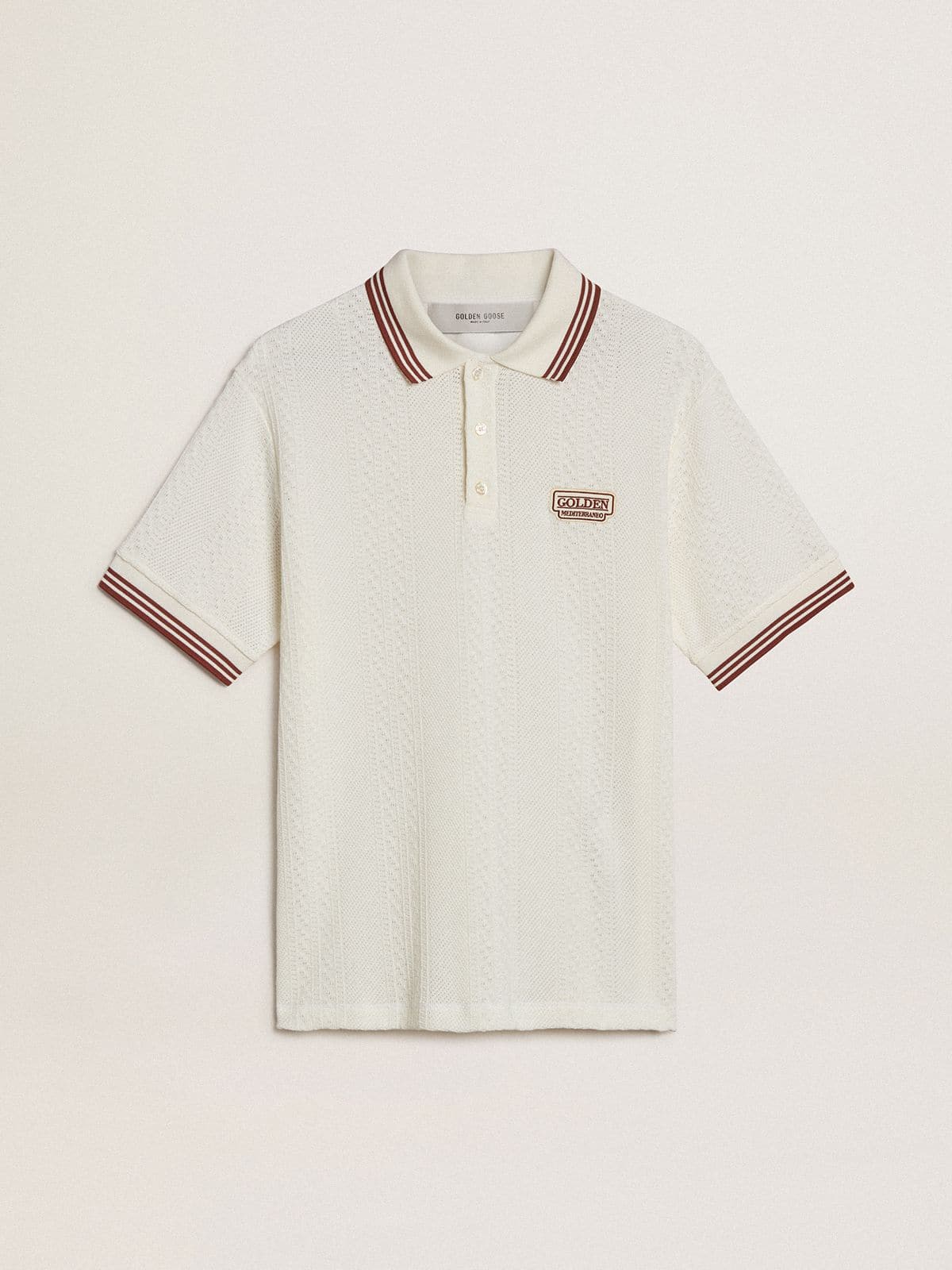 Men's polo shirt in white perforated knit with burgundy striped details