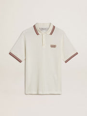 Men's polo shirt in white perforated knit with burgundy striped details
