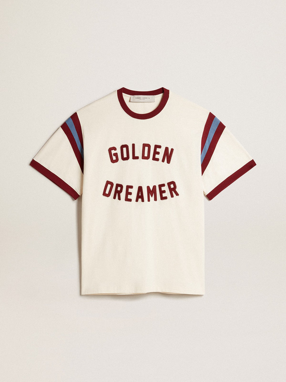 Men’s white T-shirt with burgundy lettering on the front