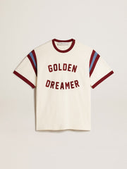 Men’s white T-shirt with burgundy lettering on the front