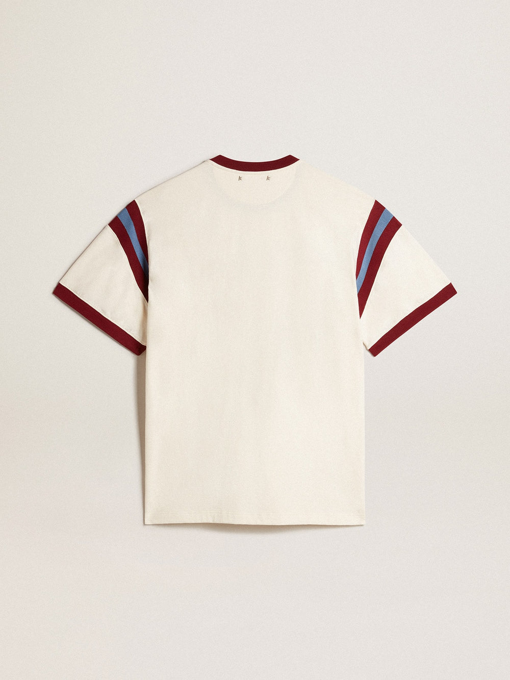 Men’s white T-shirt with burgundy lettering on the front