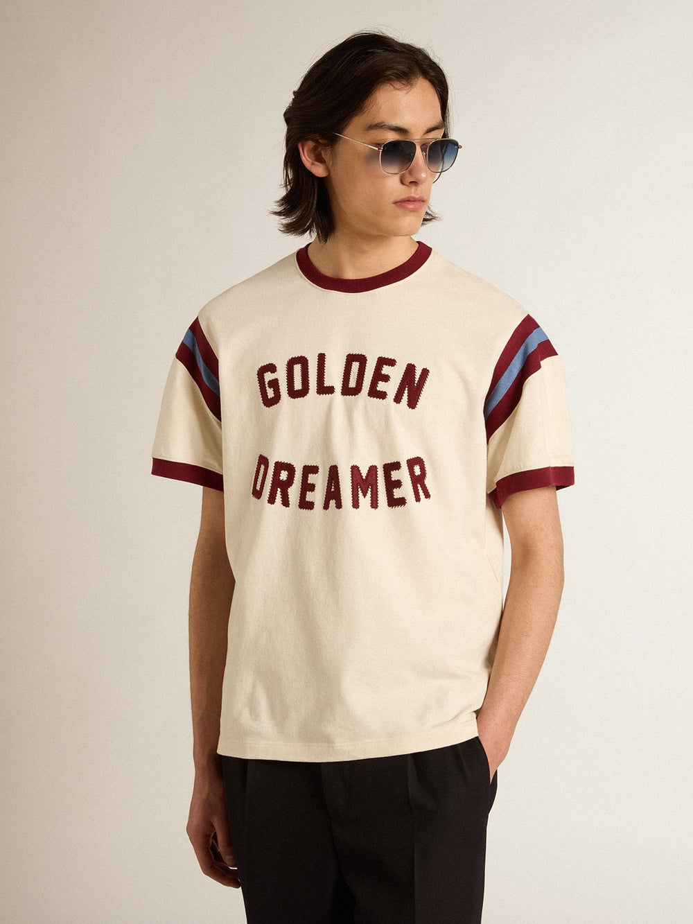 Men’s white T-shirt with burgundy lettering on the front