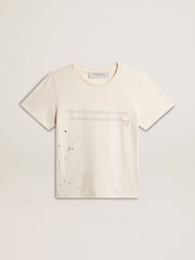 Men's T-shirt in aged white cotton with print and embroidery