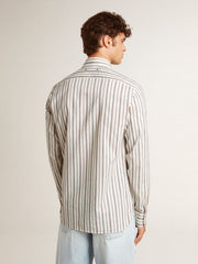 Men's white cotton shirt with fine burgundy stripes