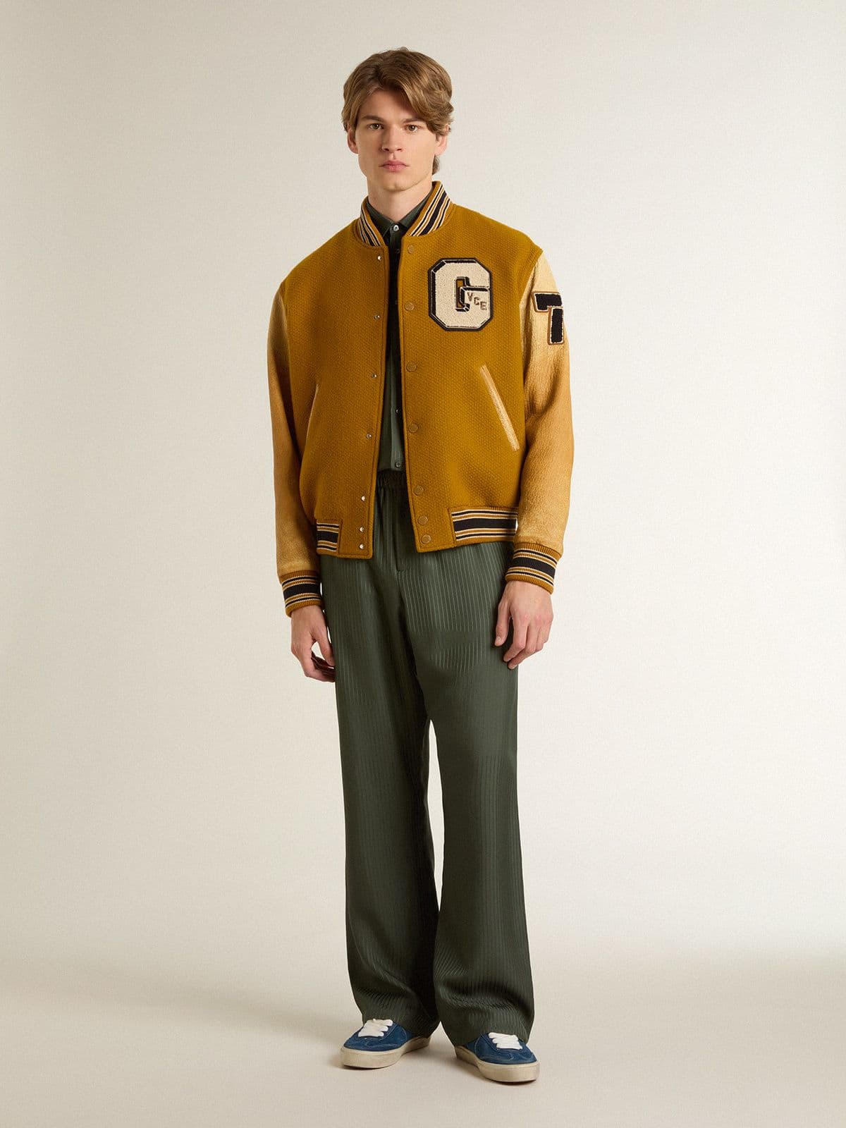 Men's dark green shirt with vertical stripes