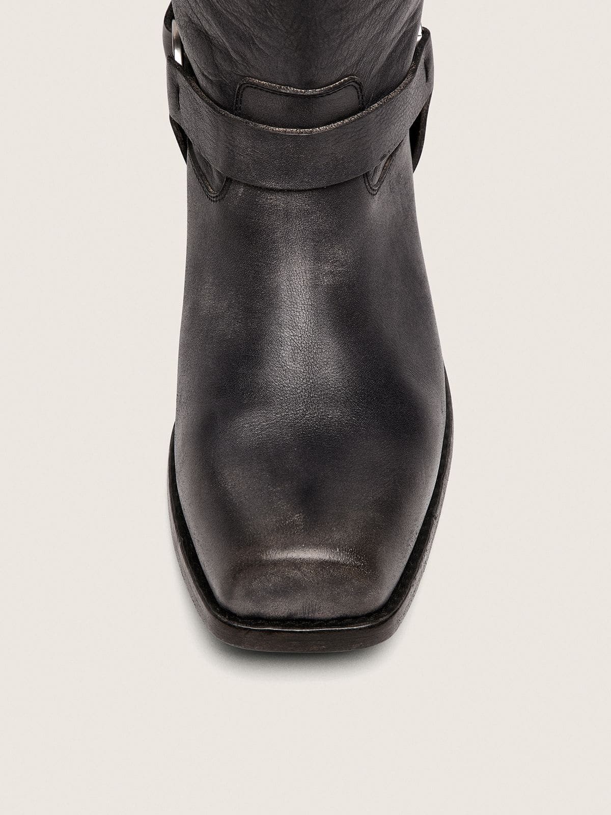Men's high Biker boots in black leather with strap and silver-colored buckle