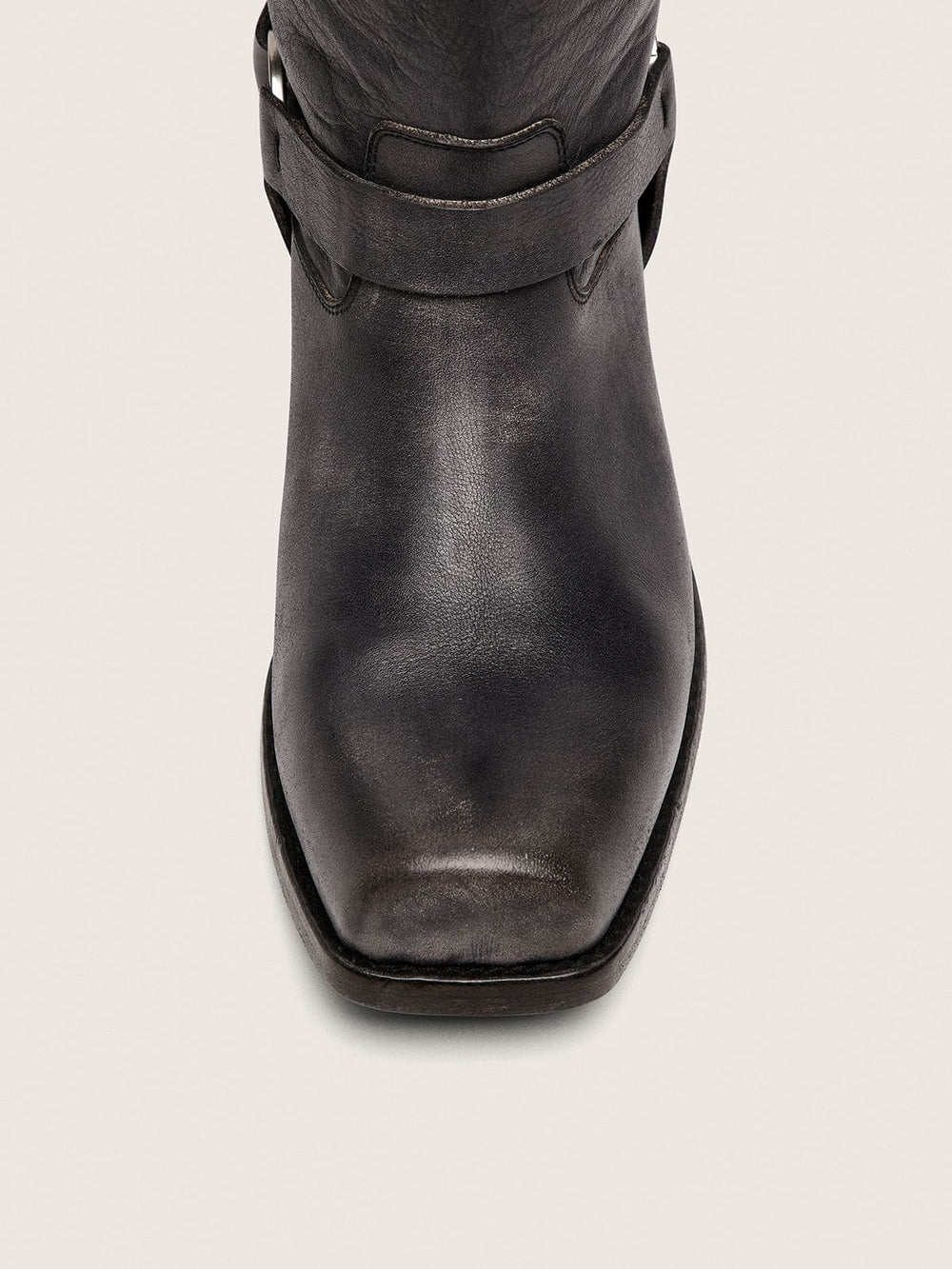 Men's high Biker boots in black leather with strap and silver-colored buckle
